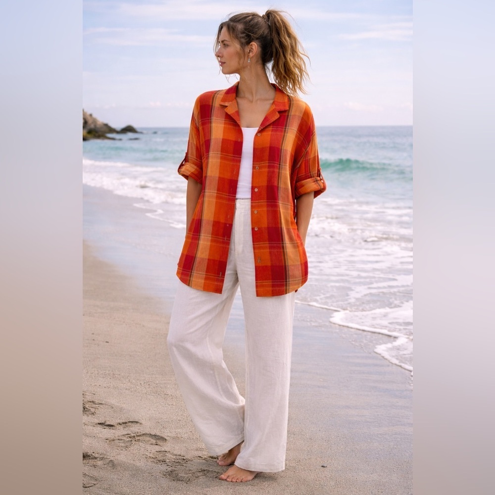 Chico’s Design 100% Linen Button Blouse Women’s Size XL Orange Plaid Oversized